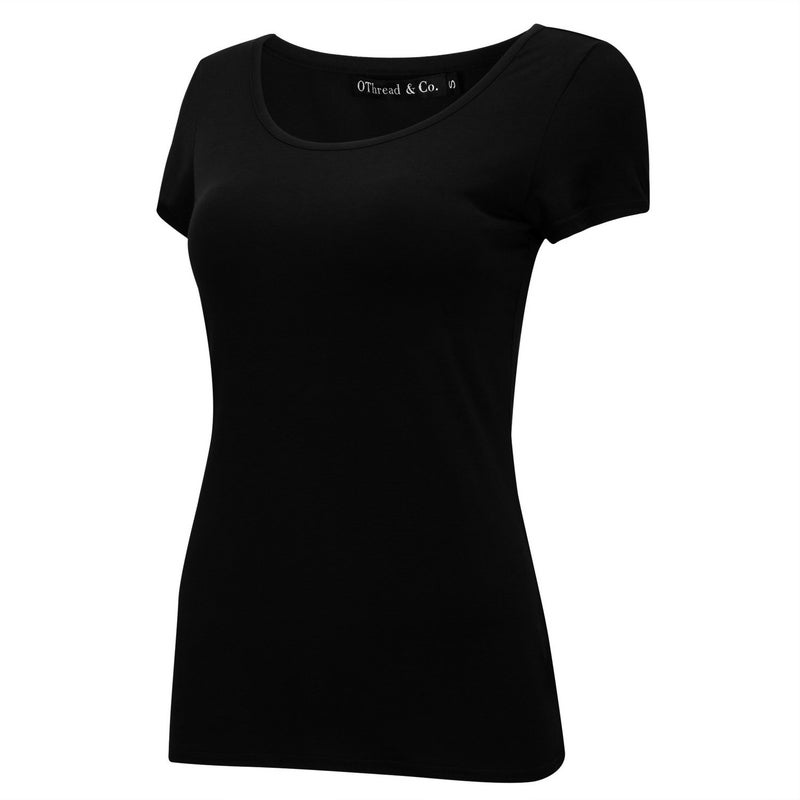 OThread & Co. Women's Short Sleeve T-Shirt Scoop Neck Basic Layer Stretchy Shirts (Medium, Black) - Image 2